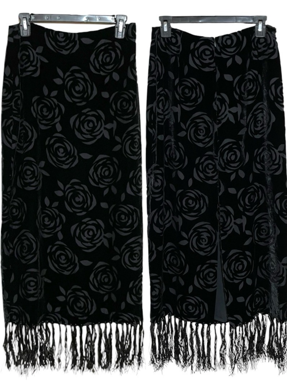 Muse Black Velvet Burnout Rose Fringe Hem Skirt Dark Romantic Boho Y2K - Size 6